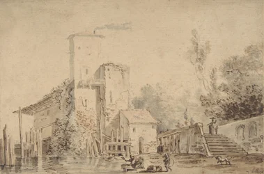 Boerderij bij een Rivier met Figuren, 1765