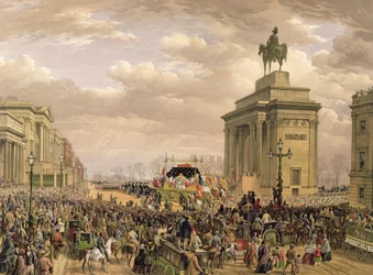 Begrafenis van de hertog van Wellington, de begrafeniswagen passeert de poort bij Apsley House, 18 november 1852, gegraveerd door Thomas Picken, gepubliceerd door Ackermann en Day, 1853
