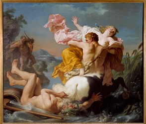 De ontvoering van Dejanire door de centaur Nessos. Terwijl Heracles, vergezeld door zijn vrouw Dejanire, de Evenos probeert over te steken, stelt Nessos voor om voor Dejanire te zorgen. Heracles stemde toe, maar nadat hij de rivier was overgestoken, hoorde