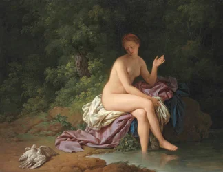 Een dame badend bij een rivier, met twee tortelduiven