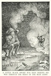 Een kleine zwarte dwerg werd gezien die zijn weg baande door het midden van het blauwe licht (litho)