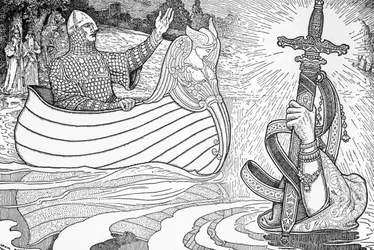 Voorstelling van de Vrouwe van het Meer (fee Viviane), personage uit de Arthurlegenden, die koning Arthur het zwaard Excalibur geeft (Arthurlegende: de Vrouwe van het Meer (Nimue, Viviane) geeft koning Arthur zijn zwaard Excalibur) Illustratie door Louis