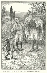 De kleine zwarte dwerg liep rond (litho)