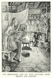 De schoenmaker en zijn vrouw keken vanachter het gordijn (litho)
