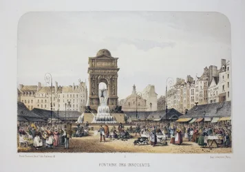 Fontein van de Onschuldigen, Parijs. Lithografie aquarel, illustratie door Arnout, in 
