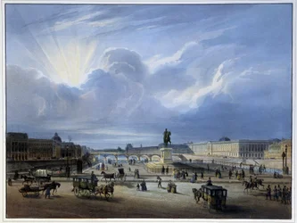 Algemeen zicht op het Louvre en het standbeeld van Hendrik IV - in 