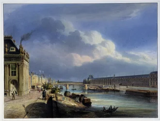 Zicht op de Pont du Carrousel en de Grand Galerie du Louvre - in 
