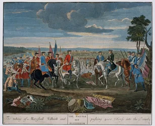 De gevangenneming van maarschalk Tallard en het drijven van 4000 paarden in de Donau bij de Slag bij Blenheim in 1704, c.1760