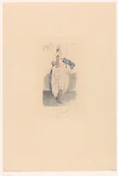 Cancan-danseres met gestrekt been en arm in haar zij