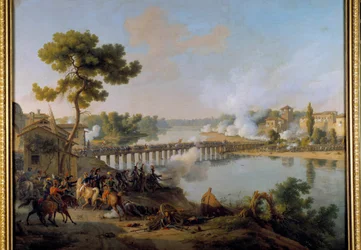 Generaal Bonaparte geeft zijn bevelen bij de slag om de brug van Lodi (10 mei 1796) tijdens de eerste campagne van Italië (1796-1797) Schilderij door Louis Francois Lejeune (1775-1848) 19e eeuw Sun. 1,85 x 2,40 m