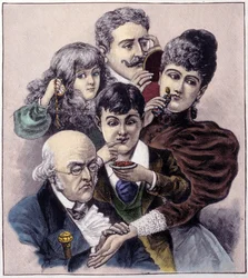 Voorstelling van de vijf zintuigen (tast, gehoor, geur, smaak en zicht) door Louis leopold Bailly. Gravure uit 1894.