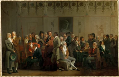 Een groep kunstenaars in de studio van Isabey ...
