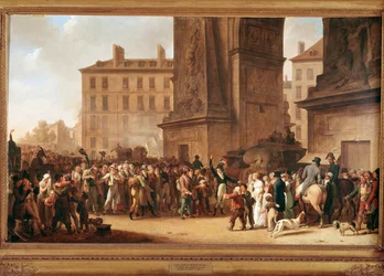 Vertrek van rekruten bij Porte Saint Denis in Parijs om te vechten in de Napoleontische oorlogen