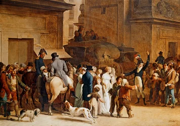 Vertrek van rekruten bij Porte Saint Denis in Parijs om te vechten in de Napoleontische oorlogen (schilderij op doek)