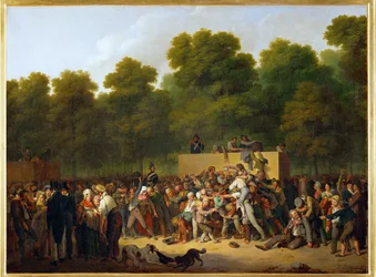 Distributie van wijn en eetwaren op de Champs Elysees (schilderij op doek)