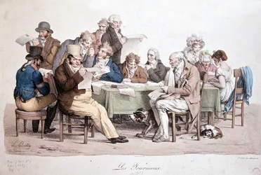 Mannen die kranten lezen - gravure van Louis Boilly getiteld 