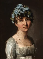 Portret van barones Mesgrigny, geboren Berthelot de Rambuteau (Portret van een jonge vrouw met blauwe bloemen)