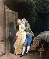 Zachte weerstand. Een man maakt avances naar een zeer elegante jonge vrouw. Gravure door Boilly