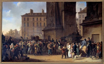 De dienstplichtigen van 1807 die langs de Porte Saint Denis in Parijs marcheren