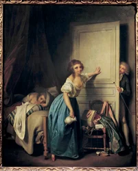 De nieuwsgierige - Een nieuwsgierige voyeur bespiedt twee kleine meisjes. Schilderij van Louis Léopold Boilly (1761-1845). 18e eeuw. Parijs. Musée Cognacq-Jay.