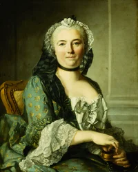 Portret van een dame, zittend, halve lengte, met een snuifdoos