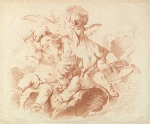 De Lucht: Een Groep van Drie Putti op Wolken
