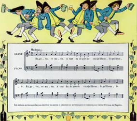 Partituur en illustratie door Louis Maurice Boutet de Monvel van kinderlied Ragotin