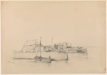 Huizen en twee schepen bij de kust