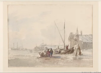 Strandgezicht met vissers bij een boot op de voorgrond