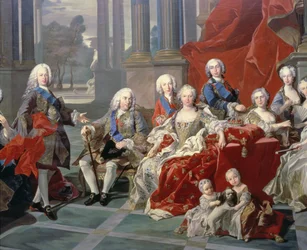 De familie van Filips V van Spanje (1683-1746) detail met de koning, zijn tweede vrouw Elizabeth Farnese en de toekomstige Ferdinand VI