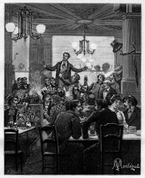 In het midden, op een tafel, leidt Desroches de charivari. Scène in een Parijse café: mensen zingen, drinken, roken, praten en flirten rond tafels. In 