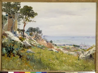 Uitzicht op de Friuli-eilanden vanaf de hoogten van Madrague. Schilderij van Louis Nttero