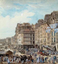 Maritiem leven op de dokken van de haven in Parijs in 1782. Peniches en commerciële activiteiten op de Seine. Detail. Tekening door Louis de Lespinasse (1782) Parijs, Musee Carnavalet