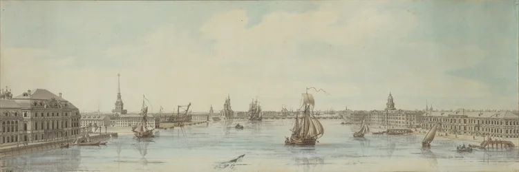 Uitzicht op de oevers van de rivier de Neva tussen het Winterpaleis en de Academie van Wetenschappen