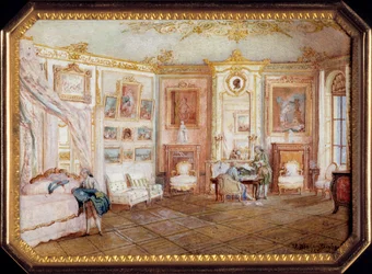 Deksel van een tabaksdoos met miniatuurschildering van een kamer onder Lodewijk XV. Rond 1770. Parijs, Louvre