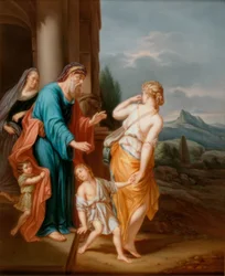 Sarah met kind voor het portaal en Hagar