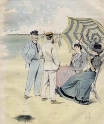 Zee baden: op het strand. van L. Vallet Aquarel. 1892