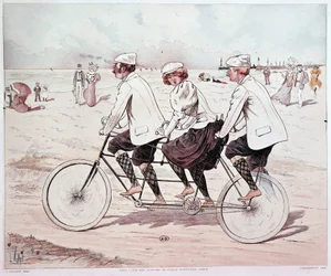 Tandem, drie mensen fietsen op het strand - tekening door L. Vallet