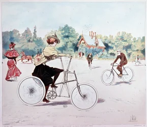 Vrouw op fiets - tekening door L. Vallet