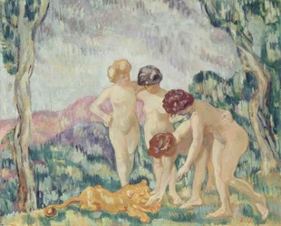 Meisjes die spelen met een leeuwenwelp, ca. 1905-06