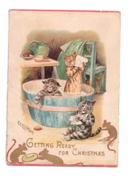 Een Victoriaanse kerstkaart met twee katten in een badkuip terwijl twee muizen met een stuk zeep spelen, ca. 1880