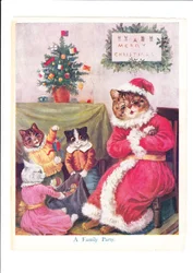 Een prent van Louis Wain van een kerstfeest voor katten, met een geantropomorfiseerde vaderkat verkleed als Kerstman, omringd door kleine katten en een kerstboom, ca. 1890