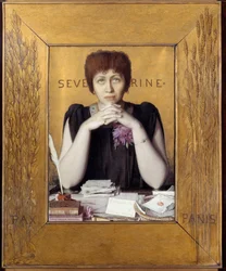 Portret van Caroline Remy genaamd Severine (1855 - 1929) Franse journalist. Schilderij door Louis Welden Hawkins (1849 - 1910) Ec. Ang