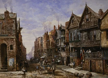 Chester: Watergate Street vanaf de hoek van Crook Street, met Eastgate daarachter