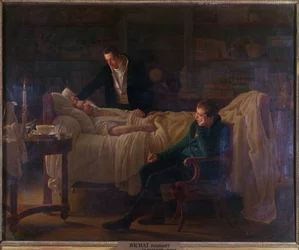 Marie Francois Xavier Bichat (1771-1802) stervend, omringd door de artsen Esparon en Philibert Joseph Roux (1780-1854)