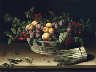 Stilleven met een mand fruit en een bosje asperges, 1630
