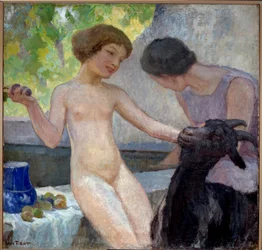 Naakt meisje dat met een geit speelt. Schilderij van Joseph Loys Prat (1879-1934), 20e eeuw. Donzere, stadhuis.
