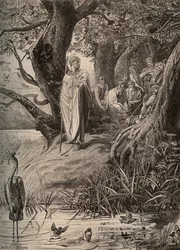 Apoloog van de visvangende vogels, verteld door Sint Martin aan de inwoners van de oevers van de Loire - gravure door Luc Olivier Merson