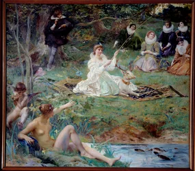 Marie F. des Ursins, hertogin van Montmorency en de dichter Theophile de Viau in Chantilly bij het Paviljoen van Sylvie