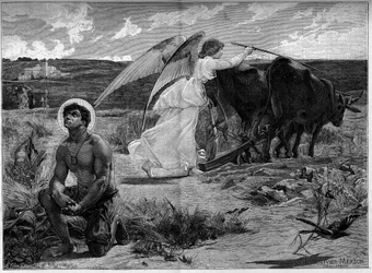 Sint Isidorus, patroonheilige van de ploeger. Een engel helpt Sint Isidorus een veld ploegen met een ploeg. 19e eeuw. Gravure naar het schilderij van Luc Olivier Merson (1846-1920). In 